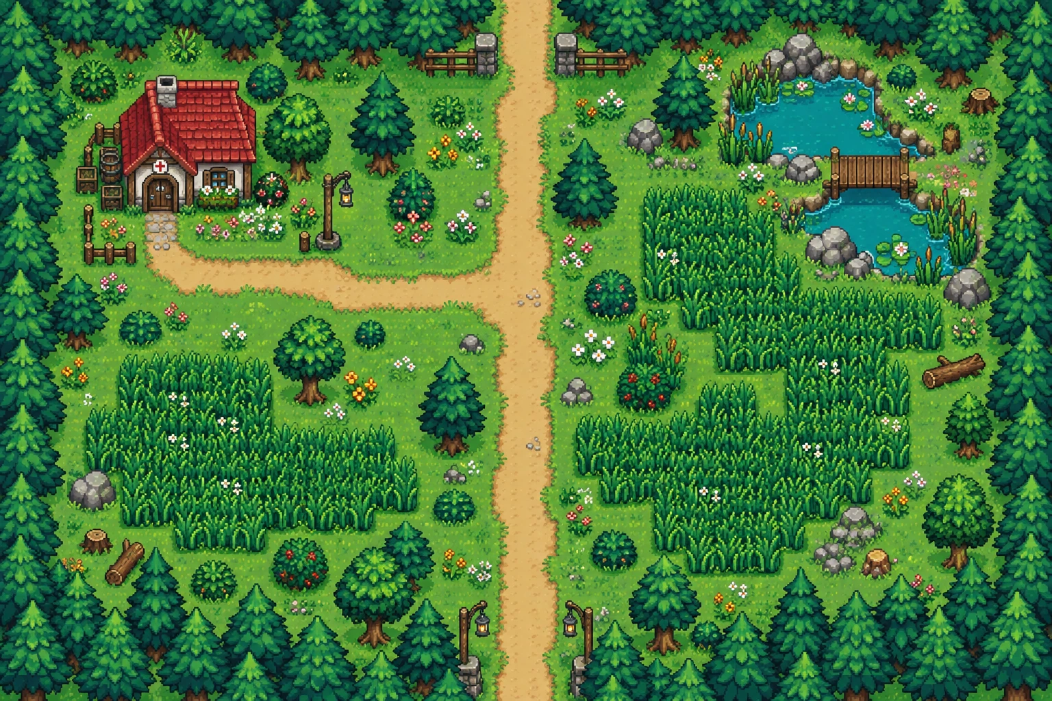 Wildgrove’s pixel-art meadow, with forest paths, a pond, and a small camp.